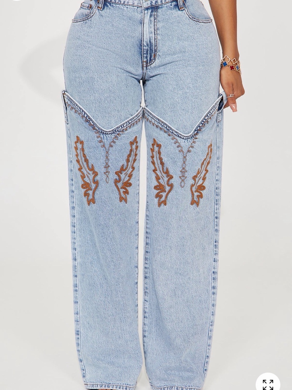 Fashion Nova Light Blue Flare Jeans with Brown Western Embroidery